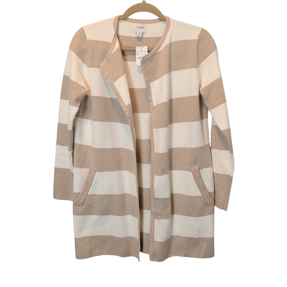 NWT J. Crew Womens Sz XS Tan Striped Vanessa Sweater Jacket Longline Open Front